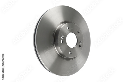 Car brake disc isolated on white background. Auto spare parts. Perforated brake disc rotor isolated on white. Braking ventilated discs. Quality spare parts for car service or maintenance