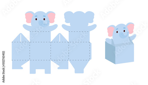 Simple packaging favor box elephant design for sweets, candies, small presents. Party package template for any purposes, birthday, baby shower. Print, cut out, fold, glue. Vector stock illustration
