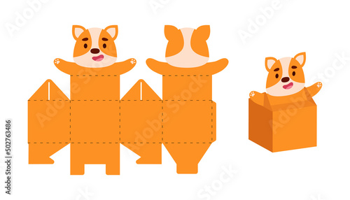 Simple packaging favor box dog design for sweets, candies, small presents. Party package template for any purposes, birthday, baby shower. Print, cut out, fold, glue. Vector stock illustration