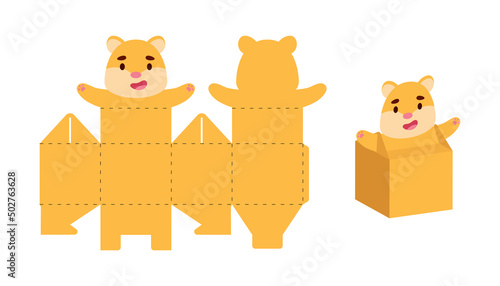 Simple packaging favor box hamster design for sweets, candies, small presents. Party package template for any purposes, birthday, baby shower. Print, cut out, fold, glue. Vector stock illustration