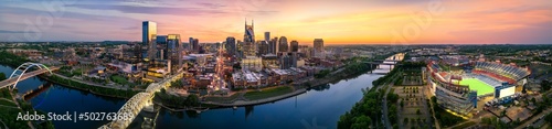 Nashville skyline with braodway and sunset