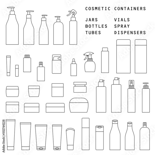 A set of cosmetic containers of various shapes. Flat vector illustration outline cosmetic packaging