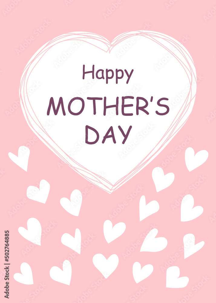 Mother's day greeting card with text and hand drawn doodle hearts on pink background. Vertical vector banner for holiday design, love for mom concept, advertising flyer. Mother's day greeting card with text and hand drawn doodle hearts on pink background. Vertical vector banner for holiday design, love for mom concept, advertising flyer.