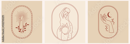 Set of logos in minimalistic linear style with beautiful esoteric female silhouette. For hairdressers, beauty salons, organic cosmetics, spas, prints, jewelry store.