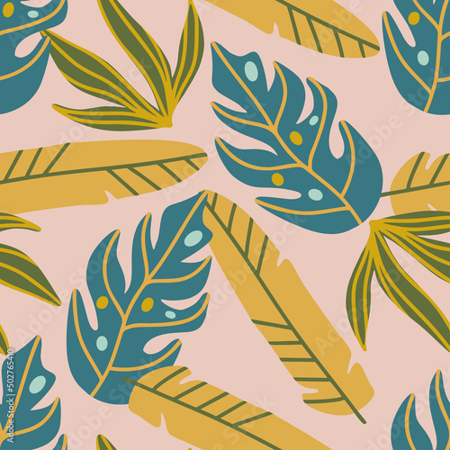 Hand Drawn Abstract Topical Leaves Seamless Pattern Background