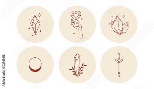 Sacred icons depicting the moon, sun and snakes in circles. Vector illustration. Set of icons and emblems for social media news covers. Design Templates for a Yoga Studio and an Astrologer Blogger