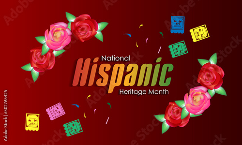 Hispanic Heritage Month. National Hispanic Heritage Month text, Papel Picado, Spanish pattern.