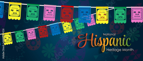 Hispanic Heritage Month. National Hispanic Heritage Month text, Papel Picado, Spanish pattern. photo