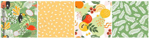The set is a seamless pattern with a tropical exotic ornament with palm and monstera leaves, fruit, berries, toucan birds, flamingos. Summer abstract print. Vector graphics.