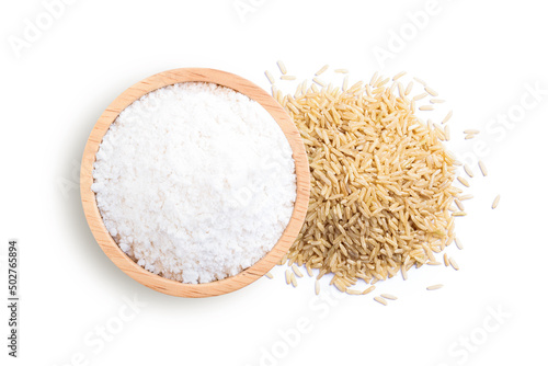 White rice flour and brown rice isolated on white background. Top view. Flat lay.