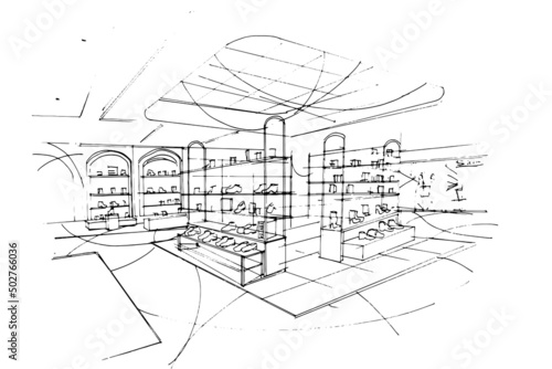 shoe store area sketch drawing,Modern design,vector,2d illustration