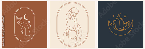 Set of logos in minimalistic linear style with beautiful esoteric female silhouette. For hairdressers, beauty salons, organic cosmetics, spas, prints, jewelry store.