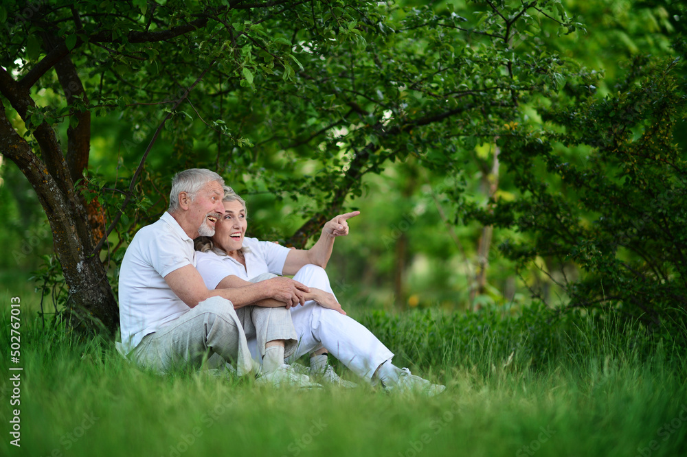 Happy senior couple posing in summer park. Woman showing something Happy senior couple posing in summer park. Woman showing something
