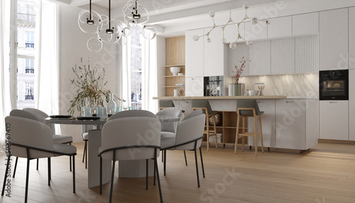 Modern interior of white kitchen with living room. 3d render 