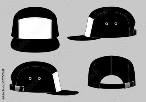 White-Black 5 Panels Cap With Flat Brim Cap And Adjustable Metal Buckle Strap Back Template On Gray Background. photo