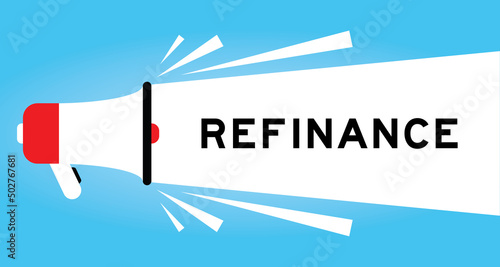 Color megphone icon with word refinance in white banner on blue background