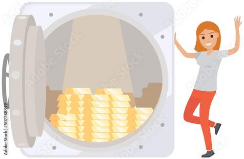Opened silver metallic bank vault with gold bars inside. Income and high earnings in gold bars. Happy woman dances and rejoices in wealth and success. Lady saving money in form of metal and ingots