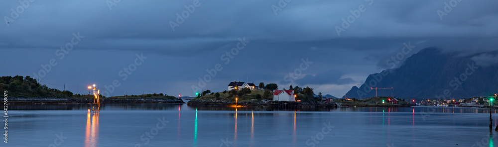 Fototapeta premium After sunset in Bronnoysund harbor - Buholmen island, Northern Norway,scandinavia,Europe