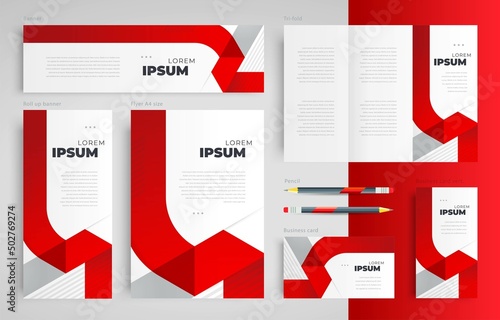 Red color stripes Set flyer cover, tri-fold, banner, roll up banner, business card