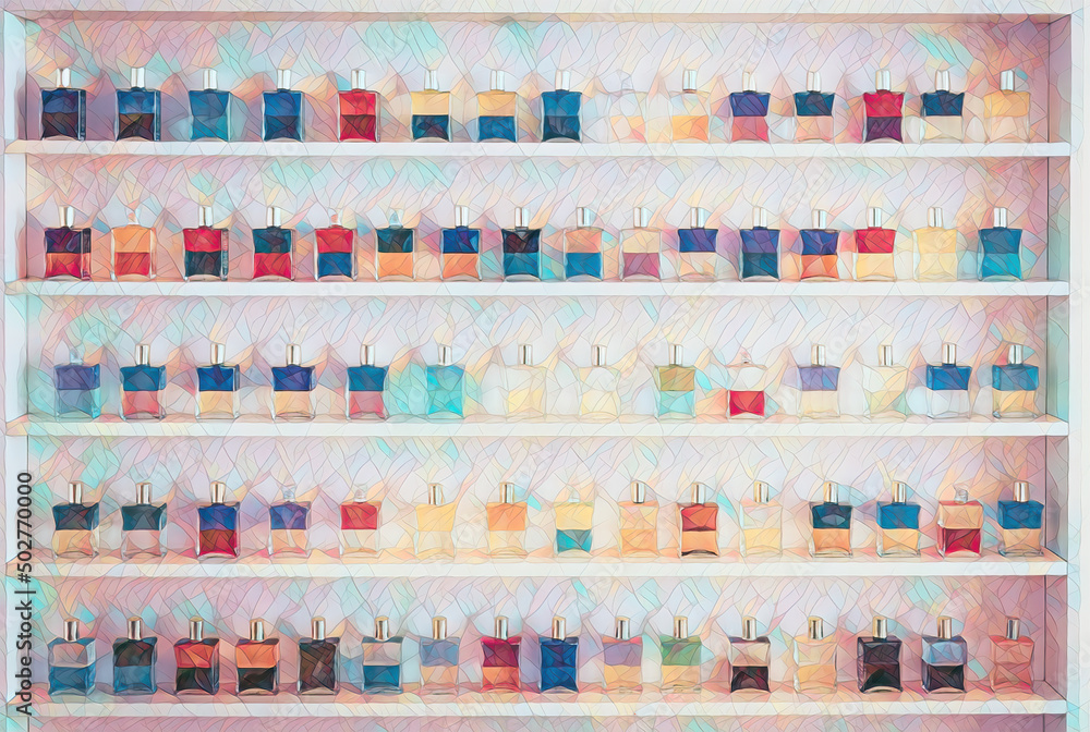 Group of color glass cosmetic bottles. Painting effect.