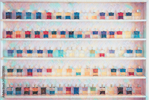 Group of color glass cosmetic bottles. Painting effect.