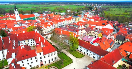 Aerial flight view of the castle and town 
