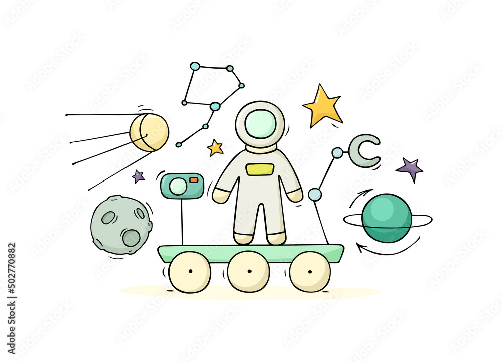 Cartoon astronaut on the rover and space objects Cartoon astronaut on the rover and space objects