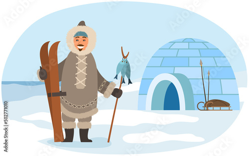 Man in warm clothes living in Arctic vector illustration. Landscape with mountains, beautiful view of pole. Polar region nature, winter scenery. Eskimo with fish after fishing stands near igloo