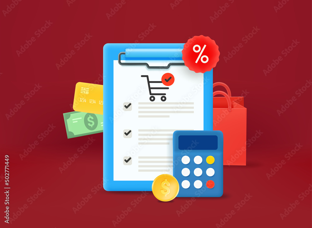 Shopping list of buyer. 3d vector concept Shopping list of buyer. 3d vector concept