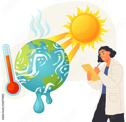 Man makes analysis of ecology, environment of planet. Scientific study of problems of rising temperatures. Global warming, climate change concept. Scientist studies ozone layer depletion, makes notes