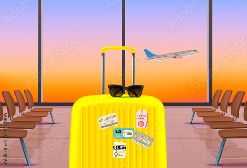 Travel bag with sunglasses in waiting hall in airport. 3d vector illustration