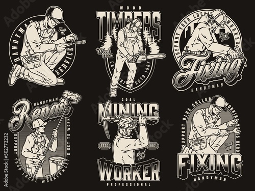 Workers characters monochrome vintage emblems set