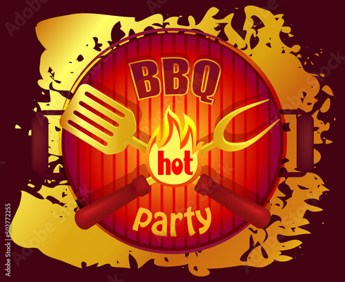 BBQ party logo template, emblem for cafe, restaurant or food delivery service. Grilled food advertising lettering. Barbeque, picnic with grill label design, circle tag or sticker vector illustration