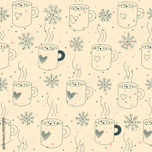 Seamless pattern mugs and snow © Marina Demidova