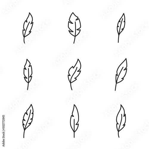 Set of feather pen logo template. Quill symbol vector design. Isolated nib icon on white background. Editable stroke.