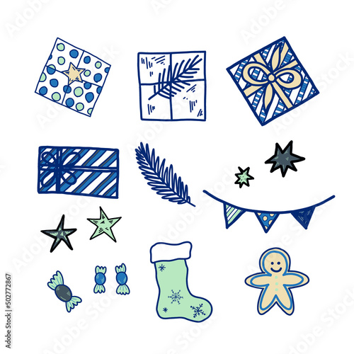 A set of vector elements on a Christmas theme. Garlands, candies, socks, gifts and stars are drawn manually in the vector. Suitable for holiday decor, decoration of invitations, gift paper.