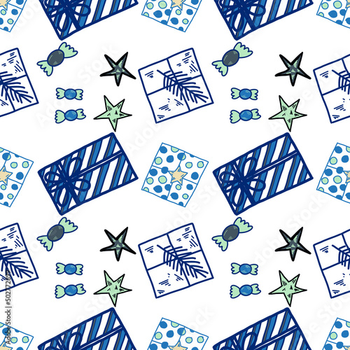 Seamless pattern of vector elements on a Christmas theme. Candies, gifts and stars are drawn manually in the vector. Suitable for holiday decor, decoration of invitations, gift paper.