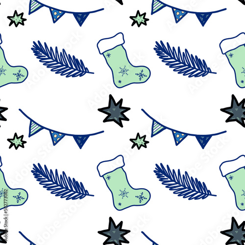 Seamless pattern of vector elements on a Christmas theme. Socks, fir branches, garlands and stars are drawn manually in the vector. Suitable for holiday decor, decoration of invitations, gift paper.