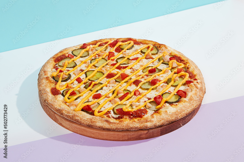 Italian pizza with chicken and pickled cucumber on coloured background. Cheese pizza with chicken in minimal style on purple and blue colours. American pizza delivery concept with color backdrop