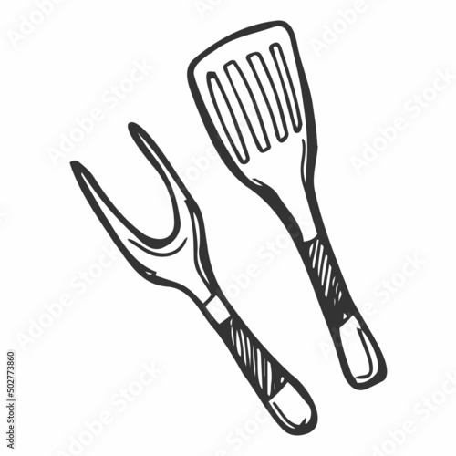 BBQ spatula doodle. Barbeque cutlery. Vector illustration hand drawn