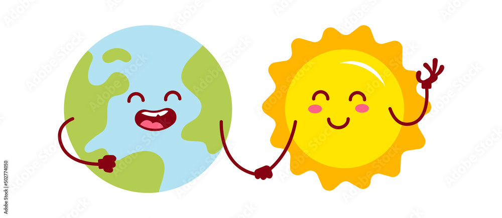Cartoon earth handshaking with sun. Vector illustration