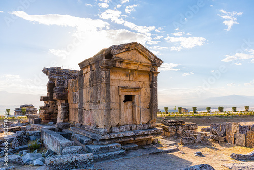 The ruins of the crypt. Necropolis in the ancient Greek city of Hierapolis. Pamukkale. Turkey. Historical heritage.