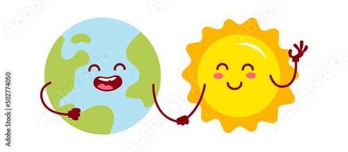 Cartoon earth handshaking with sun. Vector illustration