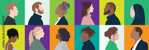 Silhouette of diversity people profile view . multi-ethnic business co-workers and colleagues. Community of friends. Cooperation and collaboration. Teamwork partnership organization. vector background photo