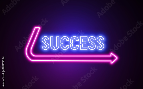 Neon sign saying success with an arrow under it with blue and pink color on a black background. Useful for corporate, consulting or motivational presentations. 