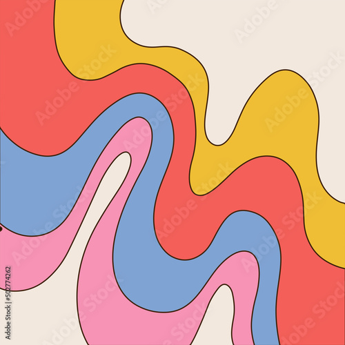Abstract psychedelic background with colorful waves. Trendy vector illustration in style of hippie 60s, 70s. Vector hand drawn illustration.