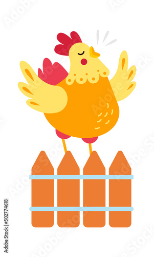 Cartoon Rooster singing on a fence. Vector illustration