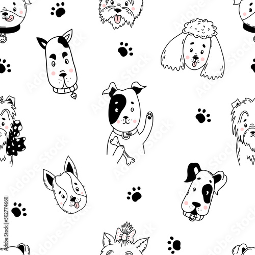 Fototapeta Naklejka Na Ścianę i Meble -  Linear Seamless pattern with portraits of cute domestic dogs of different breeds on white background with paw prints. Vector illustration in hand drawn linear doodles for design and decoration