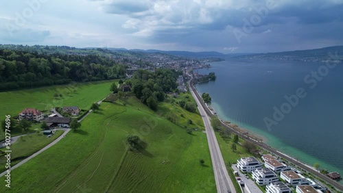 Aerial view on a cloudy summer day in Richterswil by the lake of Zurich