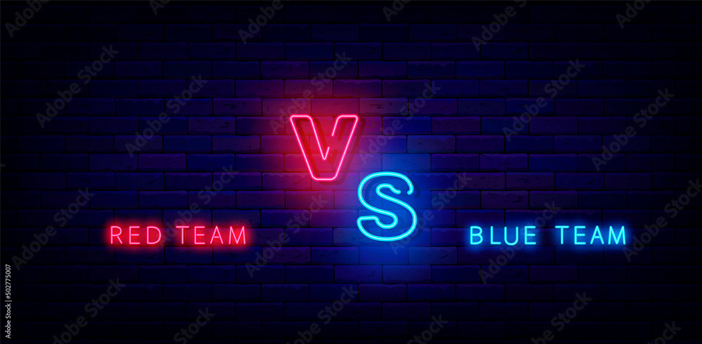 Versus neon signboard. Space for team names. Boxing and match betting. Game confrontation design. Vector illustration Versus neon signboard. Space for team names. Boxing and match betting. Game confrontation design. Vector illustration